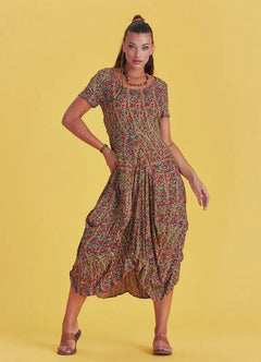 Authentic Pool Neck Half Sleeve Red Patterned Long Dress 4884