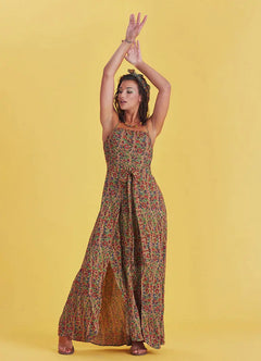 Halter Neck Tie-Waist Green Patterned Dress 4919