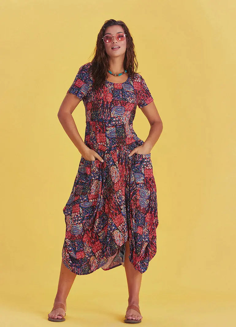 Otantik Havuz Yaka Yarım Kollu Bordo Desenli Uzun Elbise 4883
