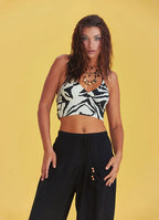 Sırtı Açık Boyundan Bağlamalı Beyaz Siyah Crop Bluz 6253