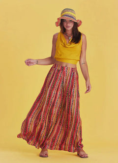 Relaxed Fit Elastic Waist Patterned Pleated Maxi Skirt 668