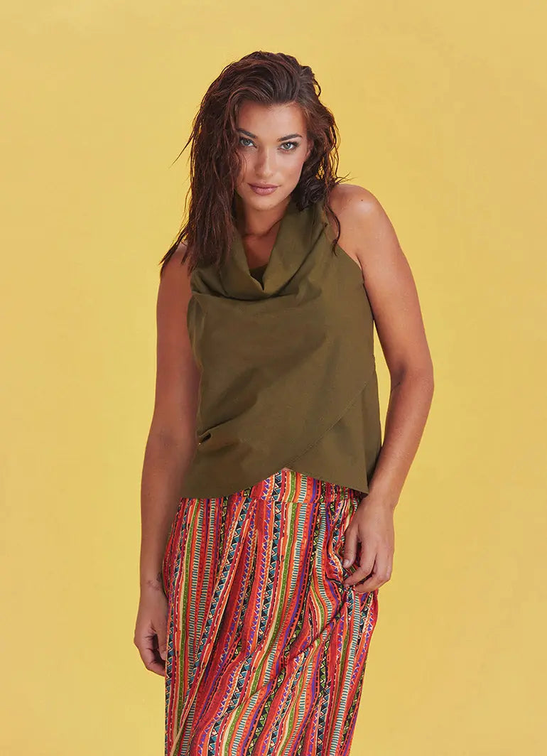Bohem Tarz Degaje Yaka Otantik Koyu Haki Bluz 6578
