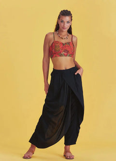 Cross-Over Front Detail Elastic Waist Loose Black Trousers 5039