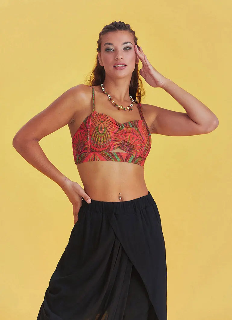 Desenli İnce Askılı Cut Out Detay Koton Bralet 6566