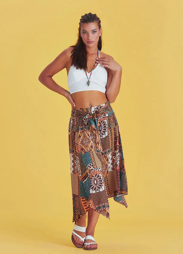 Petrol Desenli Beli Bağlamalı Salaş Midi Kloş Etek 6582