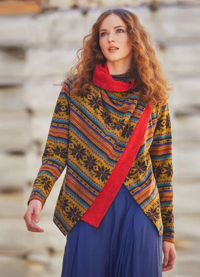Parmak Geçmeli Salaş Kırmızı Kilim Desenli Hırka 5110
