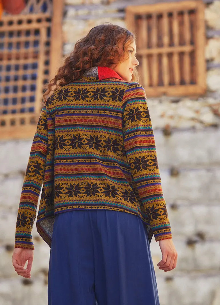 Parmak Geçmeli Salaş Kırmızı Kilim Desenli Hırka 5110