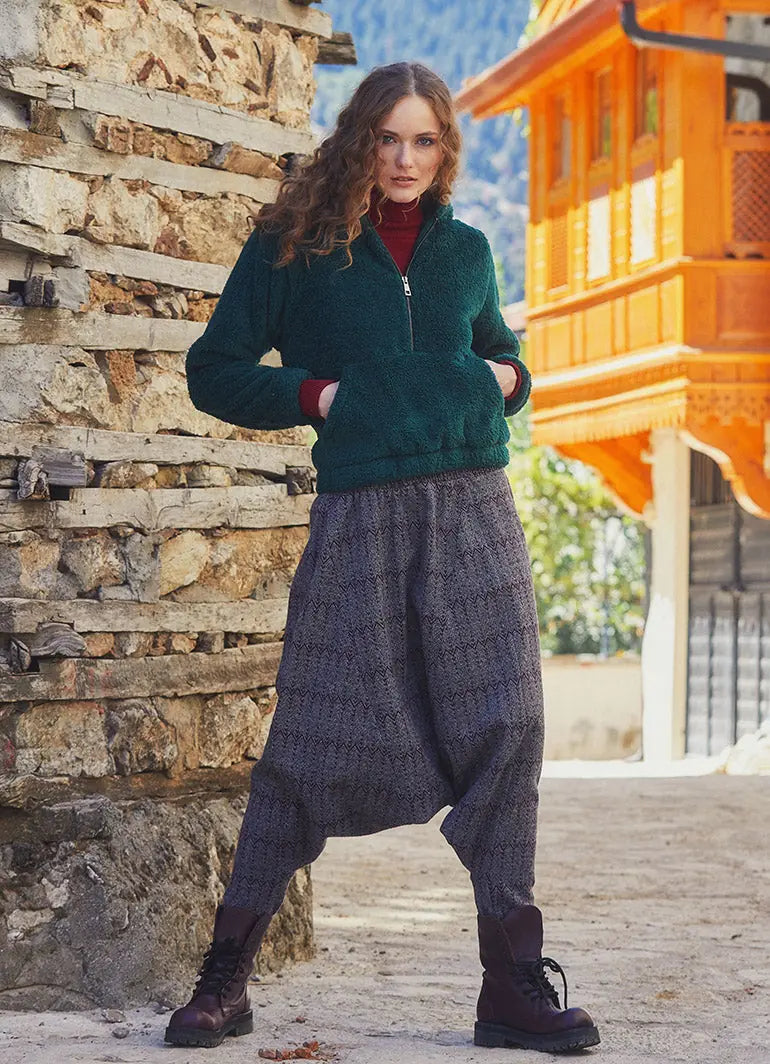 Gipe Bel Detaylı Kışlık Kadın Bordo Şalvar Pantolon 5073