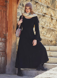 Boat Neck Belted Bell Sleeve Black Dress 5079