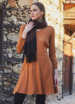 Belted V-Neck Long Sleeve Flared Mustard Dress 5075