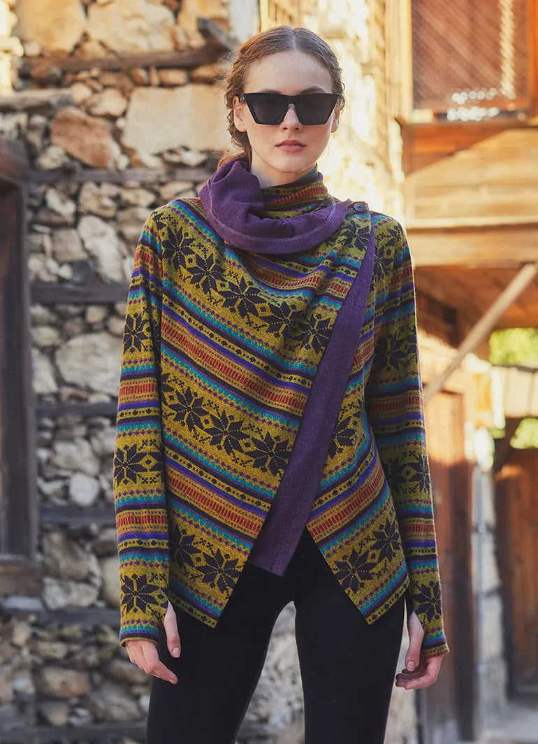 Parmak Geçmeli Salaş Mor Kilim Desenli Hırka 5111