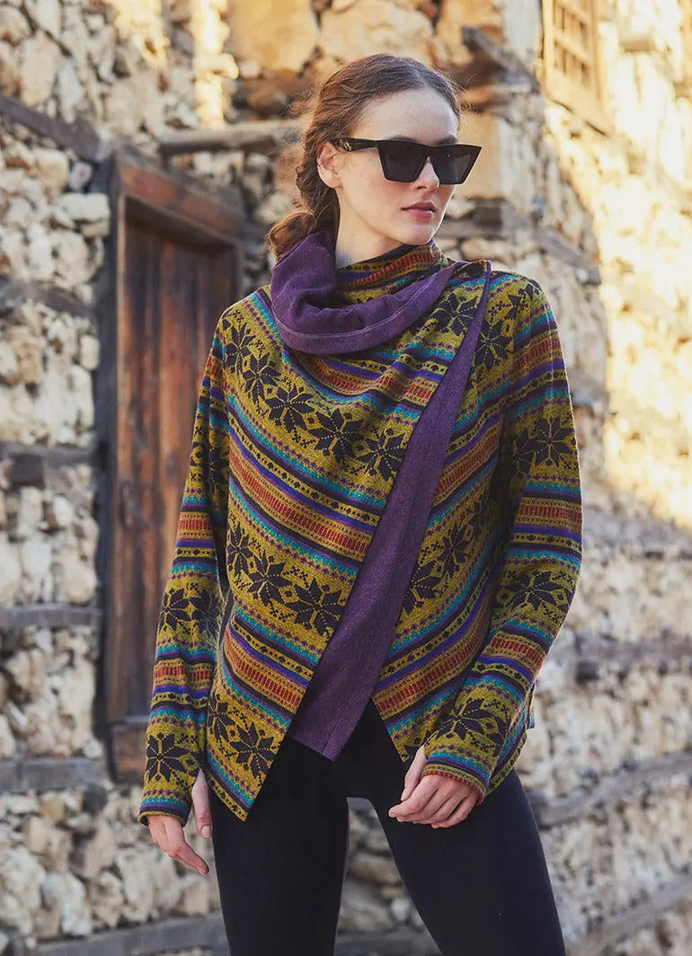 Parmak Geçmeli Salaş Mor Kilim Desenli Hırka 5111