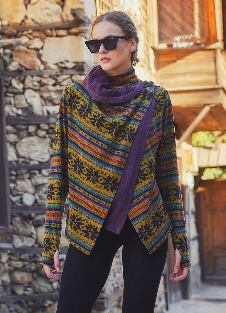 Parmak Geçmeli Salaş Mor Kilim Desenli Hırka 5111