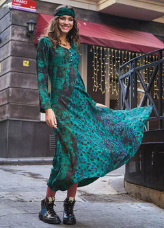 Green Patterned Long Sleeve Winter Patch Dress 6696
