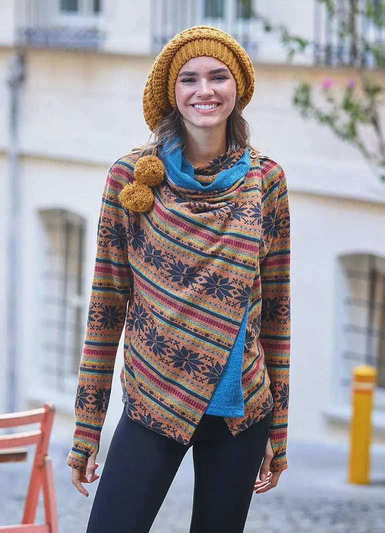 Parmak Geçmeli Salaş Hardal Kilim Desenli Hırka 5394