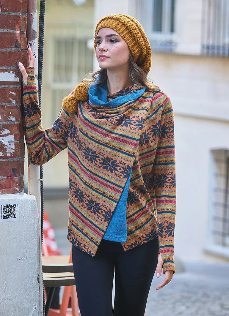 Parmak Geçmeli Salaş Hardal Kilim Desenli Hırka 5394
