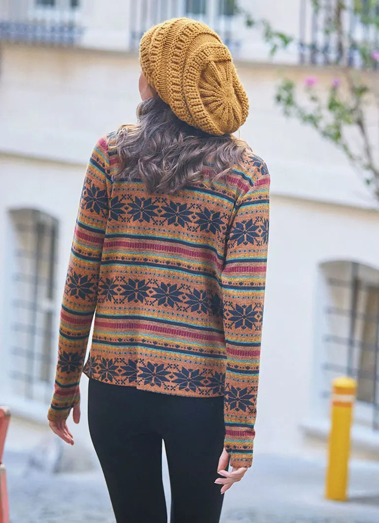 Parmak Geçmeli Salaş Hardal Kilim Desenli Hırka 5394