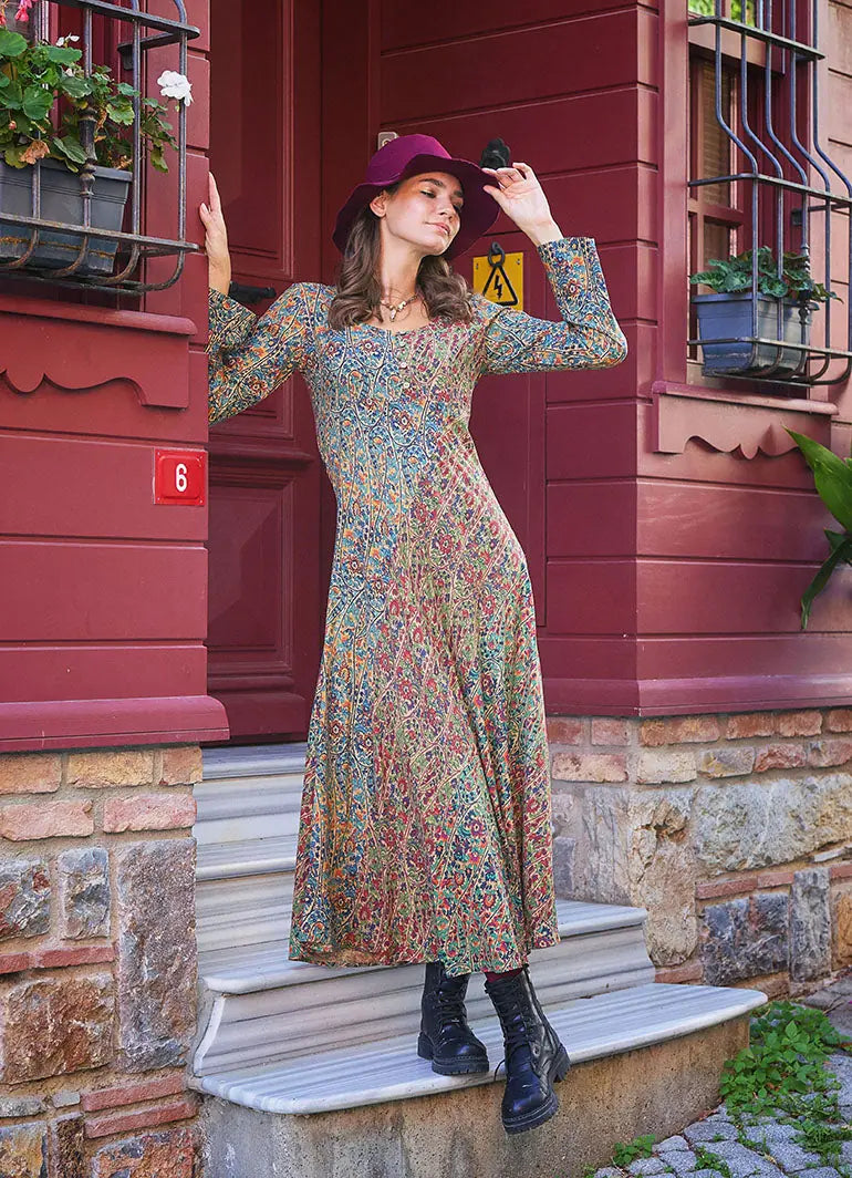 Yeşil Pera Desenli Uzun Kollu Kışlık Patch Elbise 6698