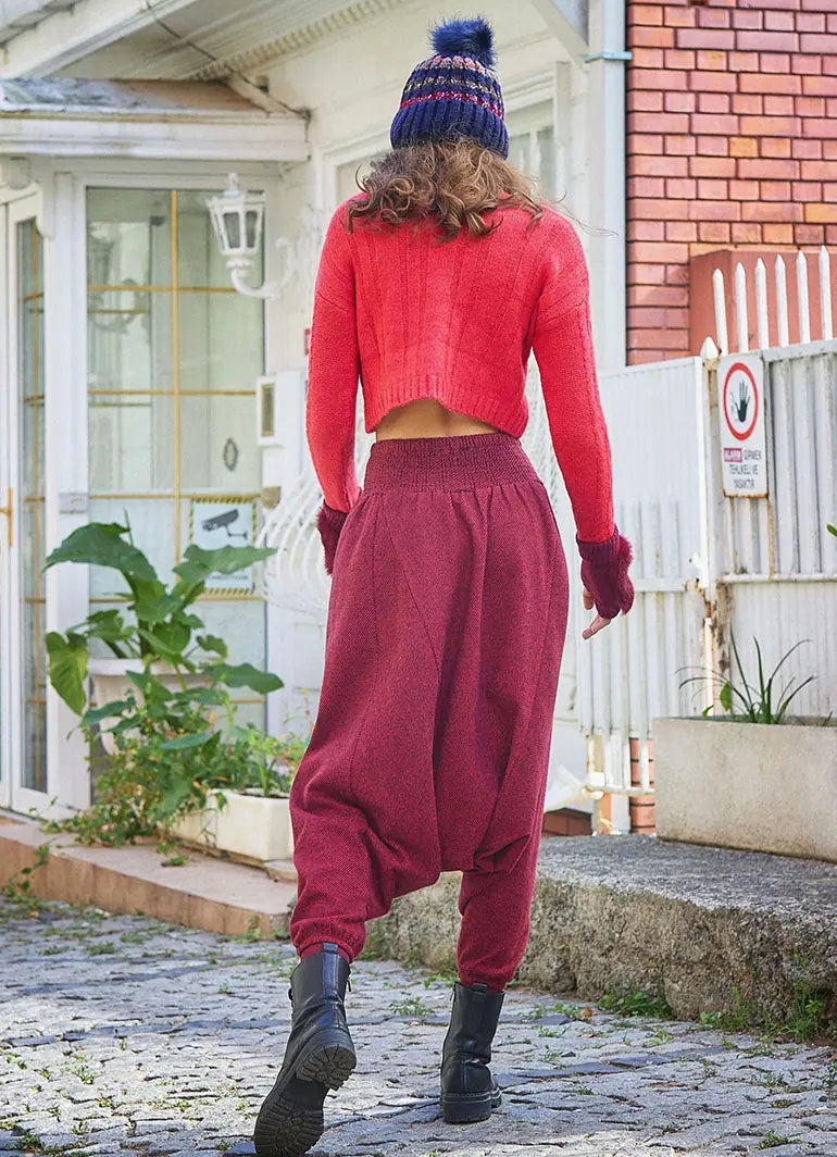 Gipe Bel Detaylı Kışlık Bordo Diyogonel Kadın Şalvar Pantolon 6658