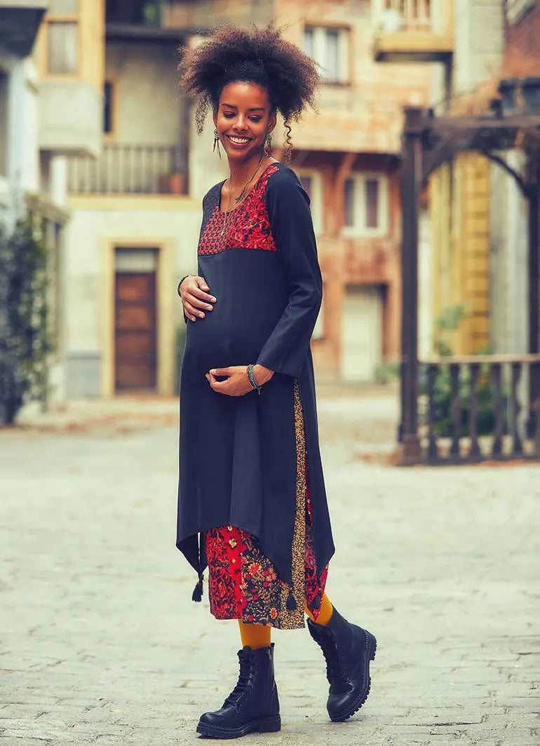 Püsküllü Yırtmaçlı Patchwork Siyah Hamile Elbise 1384