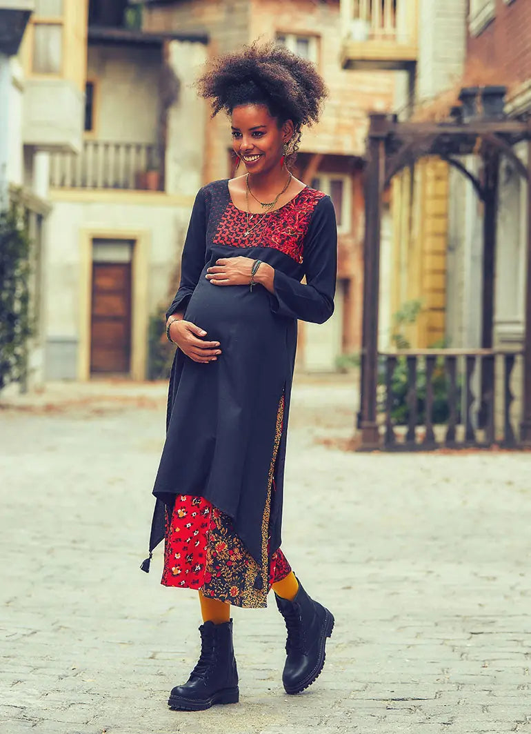 Püsküllü Yırtmaçlı Patchwork Siyah Hamile Elbise 1384