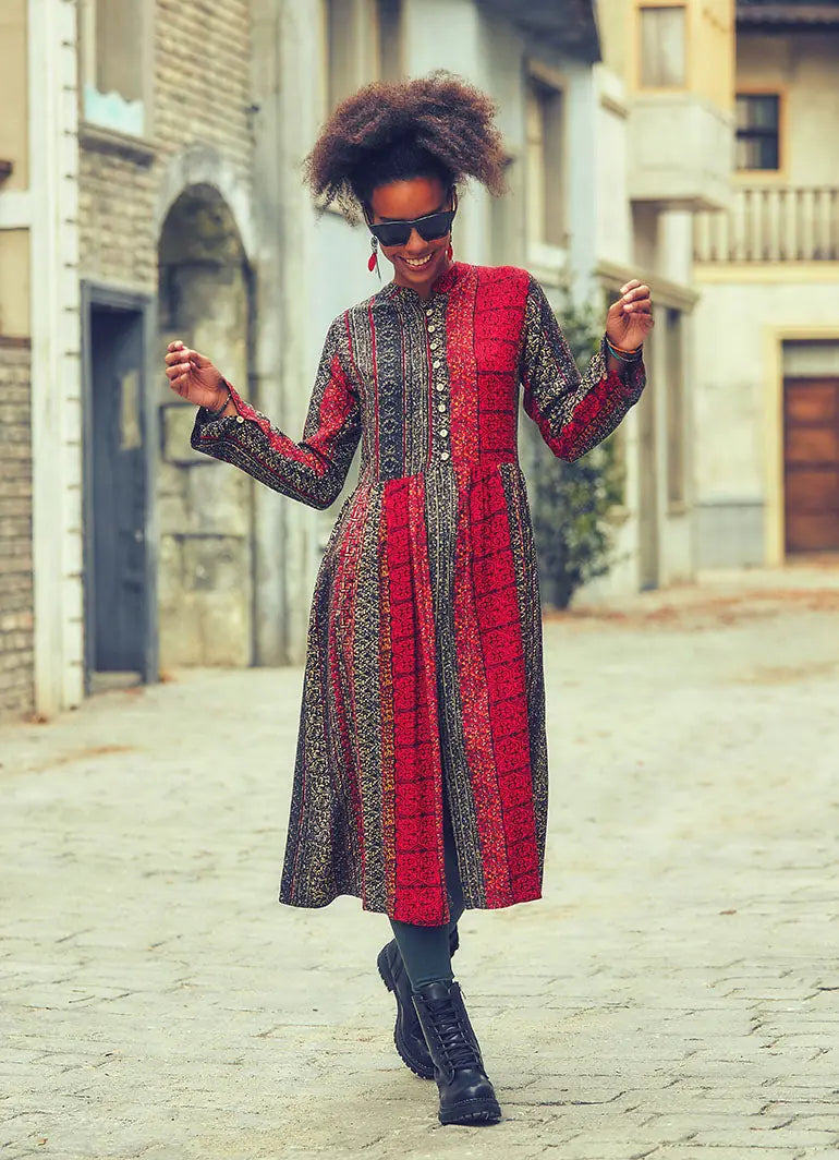 Otantik Desenli Gri Patchwork Tunik Elbise 2567