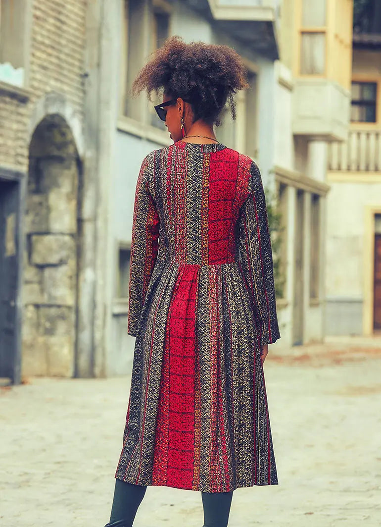 Otantik Desenli Gri Patchwork Tunik Elbise 2567