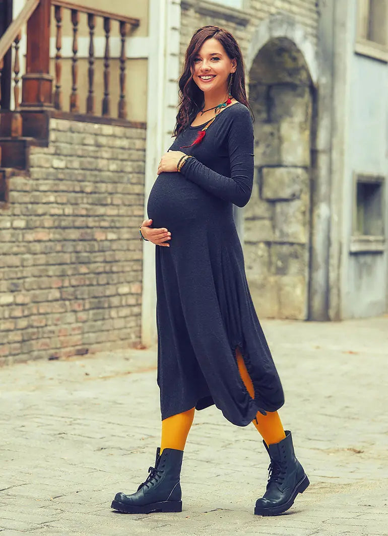 Kayık Yaka Parmak Geçmeli Siyah Hamile Elbise 2536