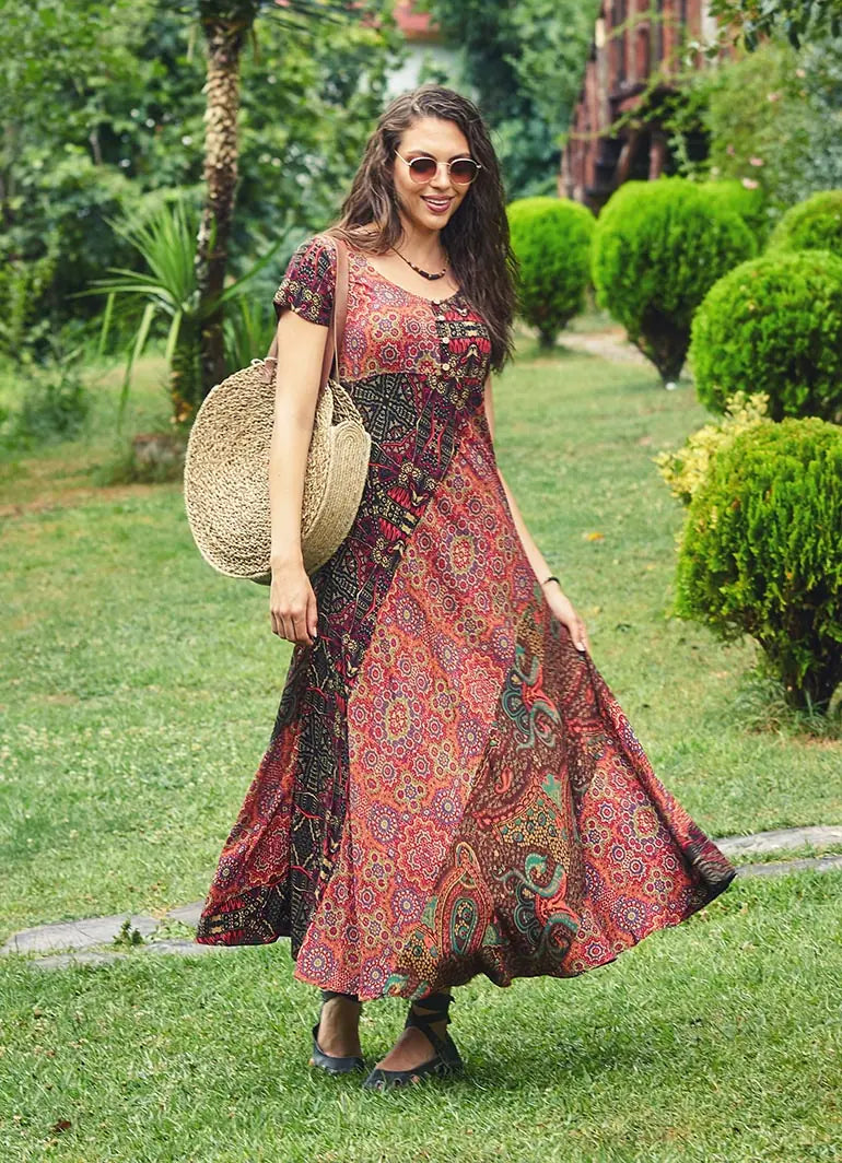 Bohem Tarz Etnik Desenli U Yaka Patch Elbise 2245