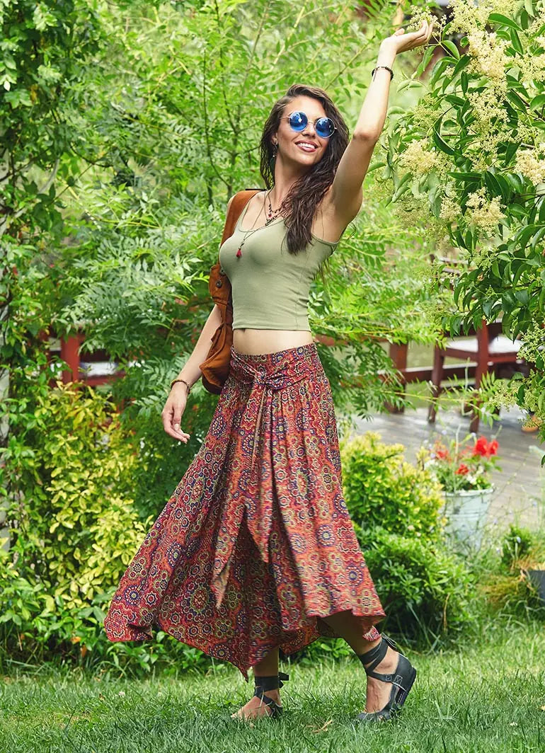 Retro Desenli Beli Bağlamalı Kloş Retro Midi Etek 2438