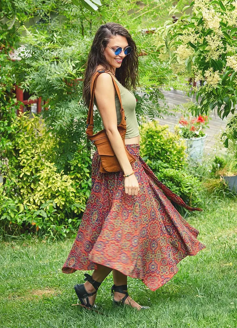 Retro Desenli Beli Bağlamalı Kloş Retro Midi Etek 2438