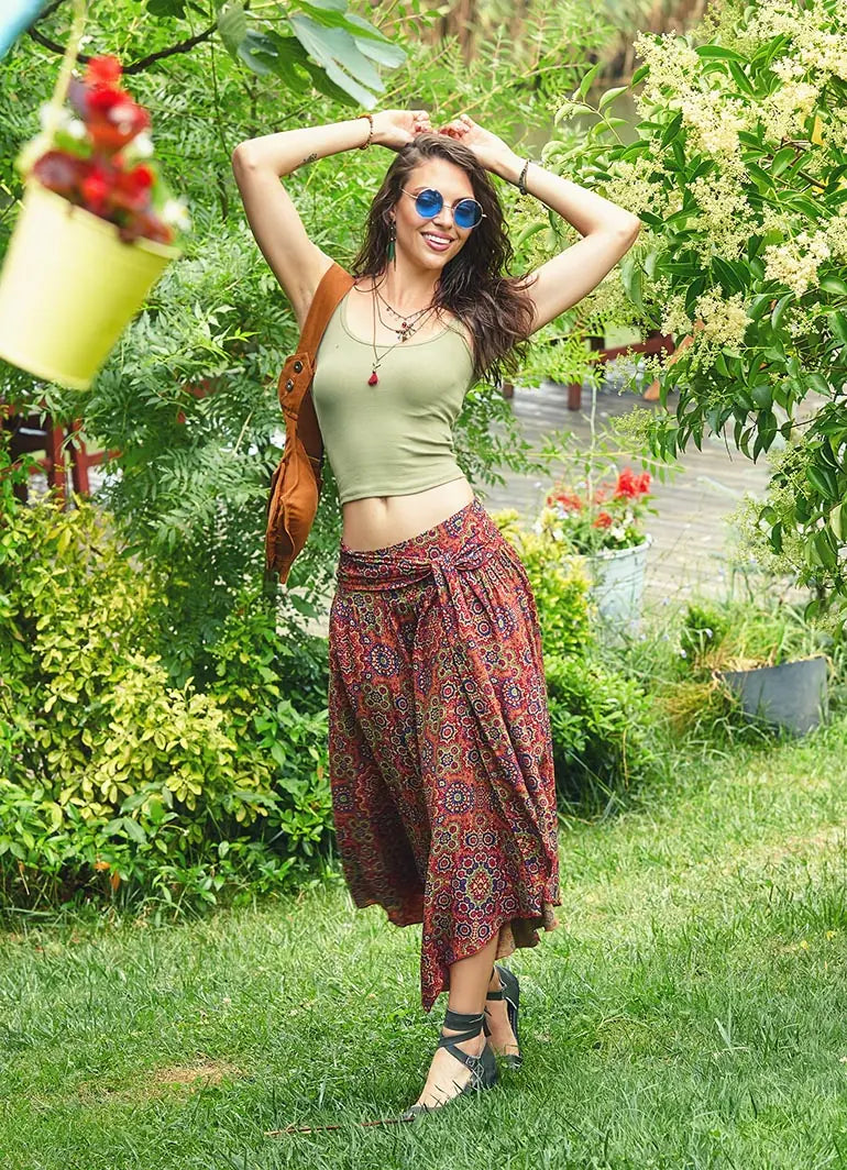 Retro Desenli Beli Bağlamalı Kloş Retro Midi Etek 2438