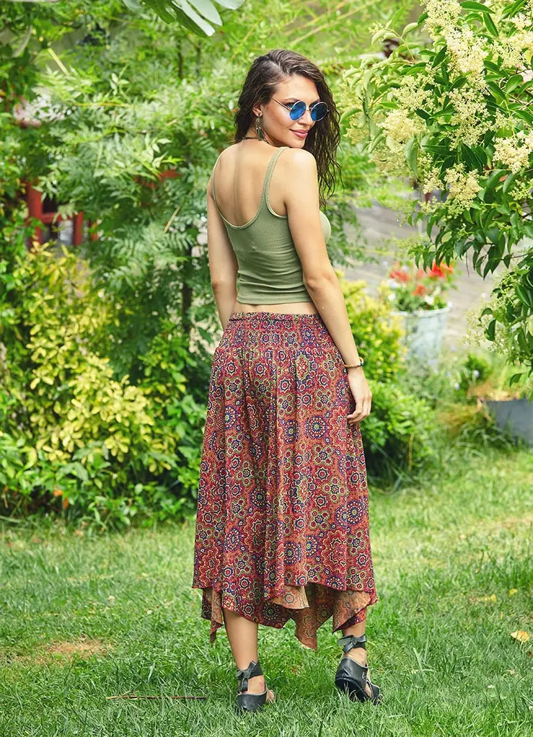 Retro Desenli Beli Bağlamalı Kloş Retro Midi Etek 2438