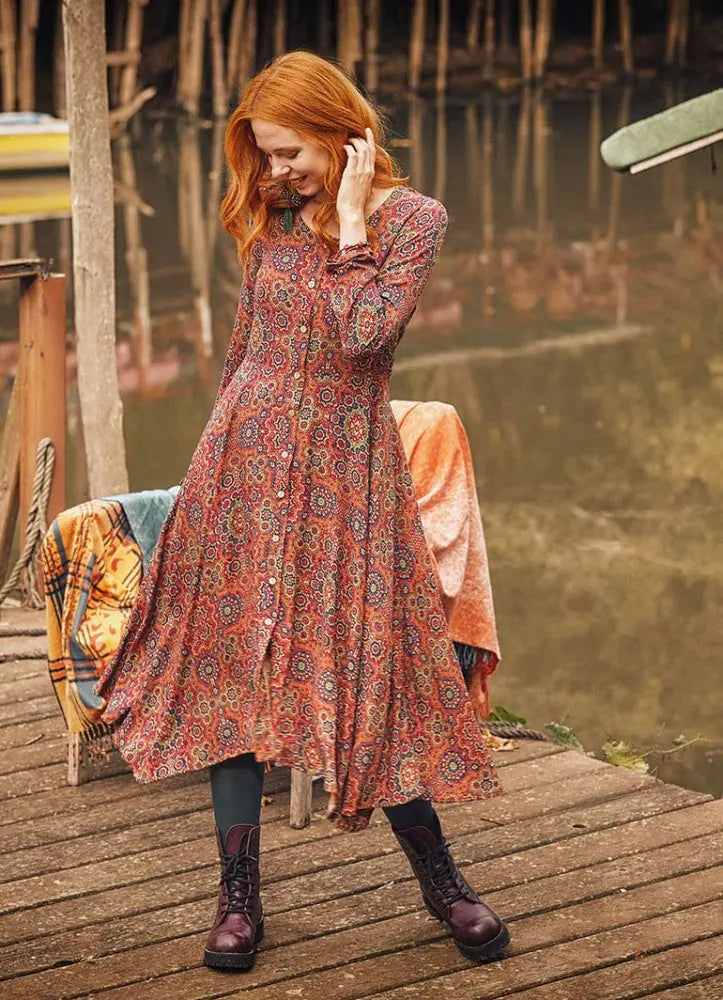 Retro Desenli Uzun Kollu Asimetrik Kesim Kışlık Kadın Elbise 3158