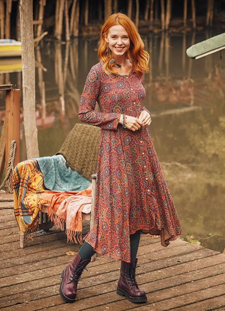 Retro Desenli Uzun Kollu Asimetrik Kesim Kışlık Kadın Elbise 3158