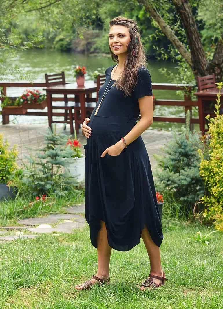 Havuz Yaka Ön Cepli Yarım Kollu Uzun Hamile Elbise 2487
