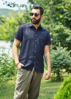 Relaxed Fit Button-Down Short Sleeve Black Men's Shirt 2476