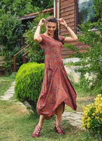 Retro Desenli Havuz Yaka Ön Cepli Uzun Elbise 2432
