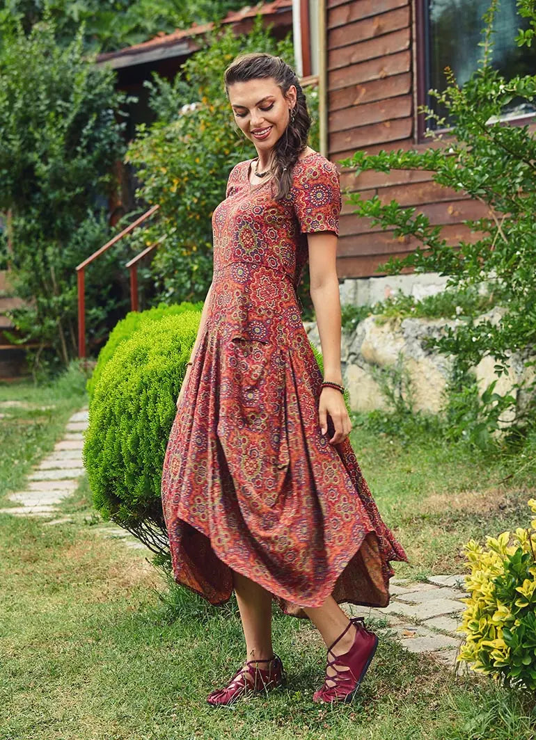 Retro Desenli Havuz Yaka Ön Cepli Uzun Elbise 2432