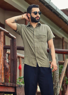 Relaxed Fit Button-Down Short Sleeve Khaki Men's Shirt 2478