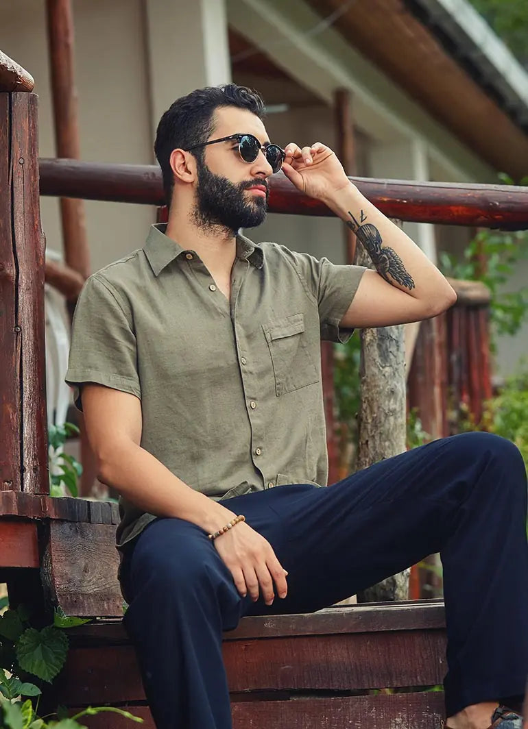 Rahat Kesim Düğmeli Kısa Kollu Haki Erkek Gömlek 2478
