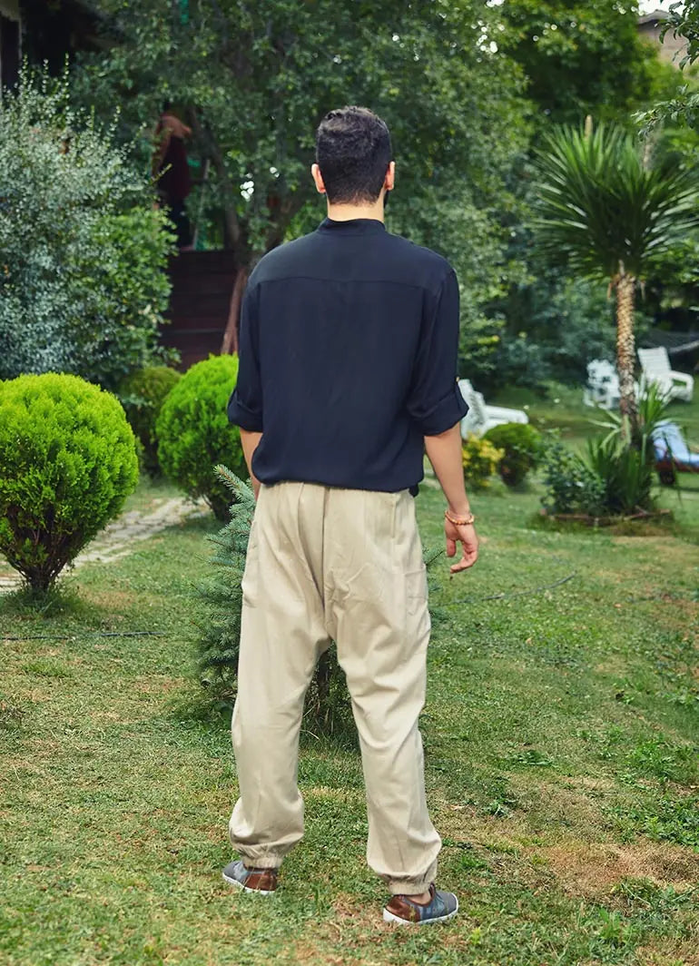 Kruvaze Beli ve Paçası Lastikli Bej Erkek Şalvar 2097
