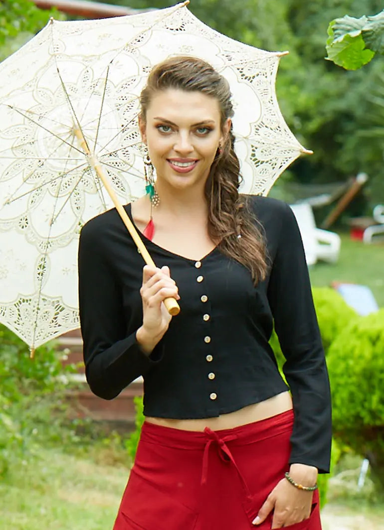 Derin V Yaka Gipe Arka Bel Detaylı Siyah Crop Bluz 2474