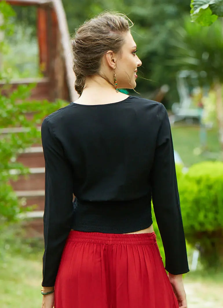 Derin V Yaka Gipe Arka Bel Detaylı Siyah Crop Bluz 2474