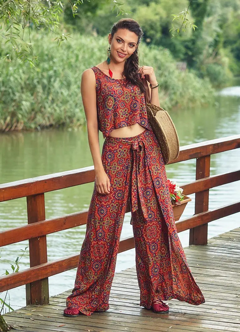Retro Desenli Kayık Yaka Tulum Otantik Tulum 2449