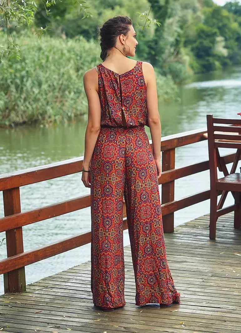 Retro Desenli Kayık Yaka Tulum Otantik Tulum 2449