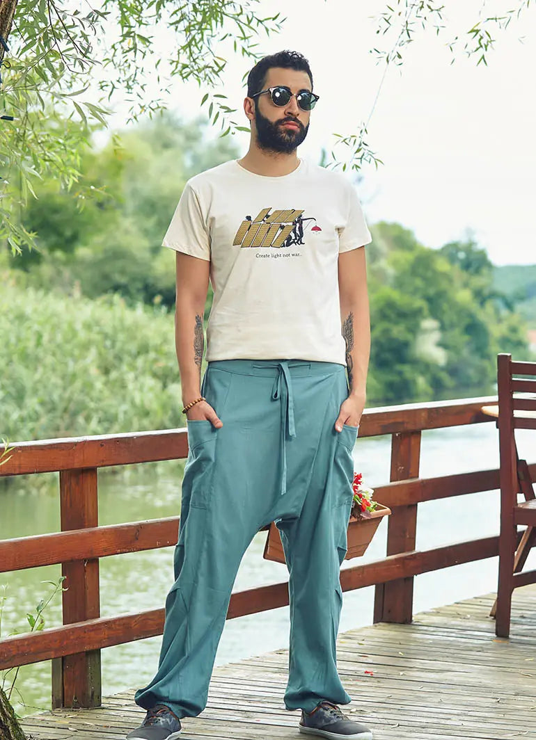 Kruvaze Beli ve Paçası Lastikli Erkek Mavi Şalvar 2484