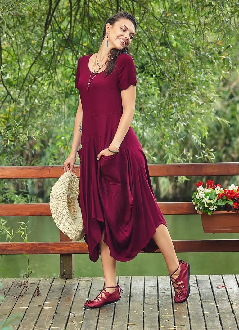 Otantik Havuz Yaka Yarım Kollu Bordo Uzun Elbise 2436