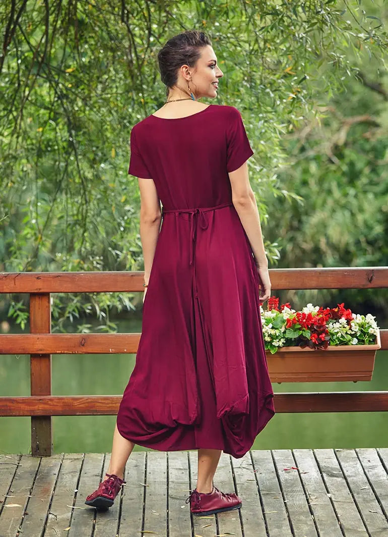 Otantik Havuz Yaka Yarım Kollu Bordo Uzun Elbise 2436