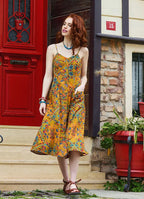 İnce Askılı Düğmeli Sırt Dekolteli Hardal Çiçekli Elbise 7332